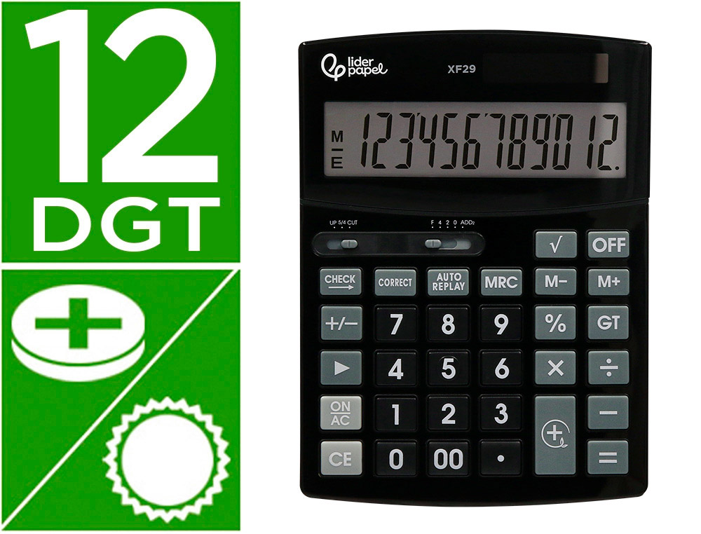 CALCULADORA LIDERPAPEL DE SECRETARIA XF29 12 DIGITOS SOLAR E PILHAS COR PRETO 190X140X30 MM