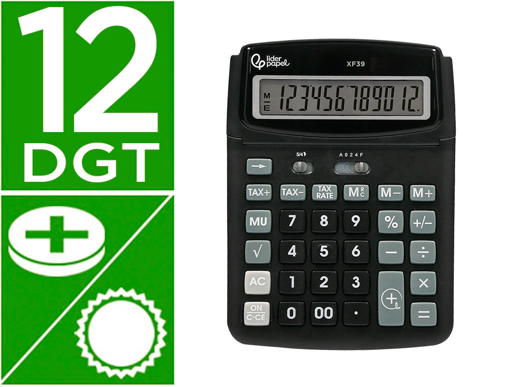 CALCULADORA LIDERPAPEL DE SECRETARIA XF39 12 DIGITOS SOLAR E PILHAS COR PRETO 190X140X32 MM 40% PLASTICO RECICLADO