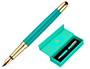 CANETA BELIUS SOIREE ALUMINIO DESENHO ART DECO TURQUESA E DOURADO TINTA AZUL CAIXA DESIGN