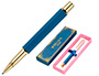 ESFEROGRAFICA BELIUS MACARON BLISS ALUMINIO DESENHO HEXAGONAL ROSA AZUL E DOURADO TINTA AZUL CAIXA DESIGN