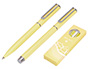 CONJUNTO ESFEROGRAFICA E ROLLER BELIUS ENDLESS SUMMER ALUMINIO DESENHO AMARELO E PRATEADO TINTA AZUL CAIXA DESIGN