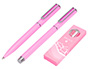 CONJUNTO ESFEROGRAFICA E ROLLER BELIUS ENDLESS SUMMER ALUMINIO DESENHO ROSA E PRATEADO TINTA AZUL CAIXA DESIGN