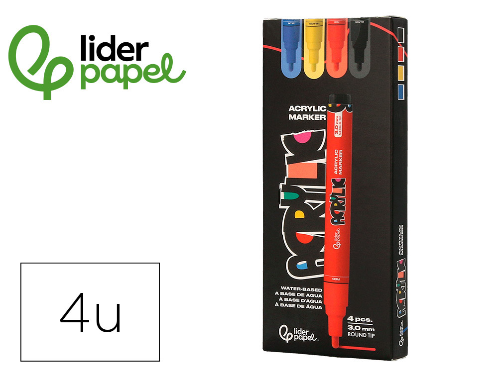 MARCADOR LIDERPAPEL ACRYLIC BASE AGUA TODO TIPO DE SUPERFICIE PONTA REDONDA 3 MM CAIXA DE 4 UNIDADES CORES