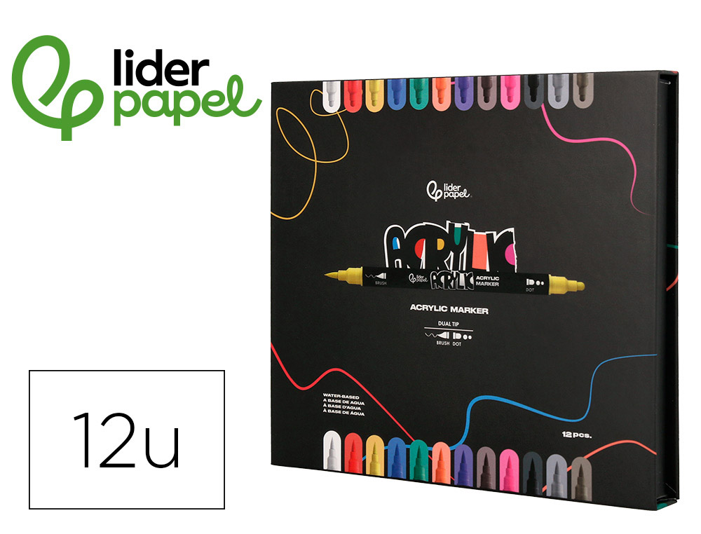 MARCADOR LIDERPAPEL ACRYLIC BASE AGUA TODO TIPO DE SUPERFICIE DUPLA PONTA PINCEL E DOT CAIXA DE 12 UNIDADES