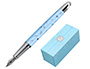 CANETA BELIUS BELLA ALUMINIO COR AZUL CELESTE DESENHO PRATEADO RELEVO TINTA AZUL CAIXA DE DESIGN