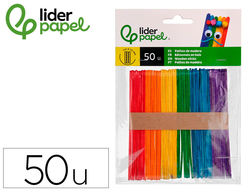 PALITOS DE MADEIRA LIDERPAPEL CORES SORTIDAS 11,4X1 CM BOLSA COM 50 UNIDADES