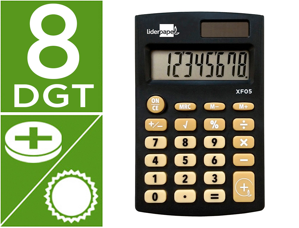 CALCULADORA LIDERPAPEL DE BOLSO XF05 8 DIGITOS SOLAR E PILHAS COR PRETO 98X62X8 MM