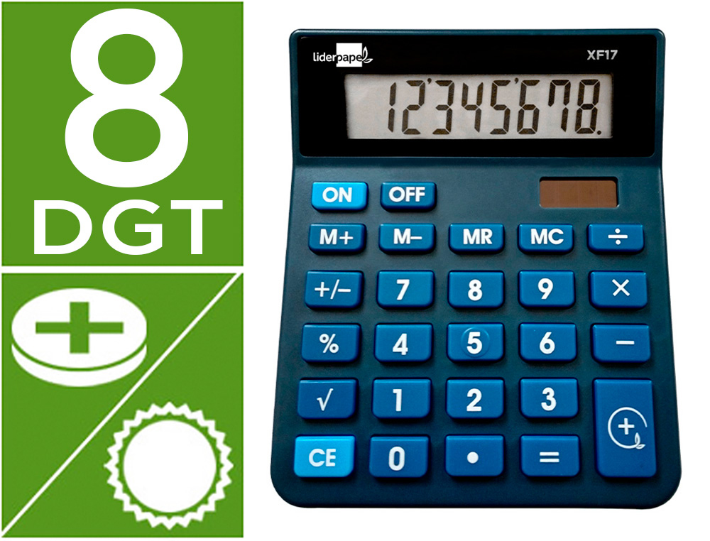 CALCULADORA LIDERPAPEL DE SECRETARIA XF17 8 DIGITOS SOLAR E PILHAS COR AZUL 127X105X24 MM