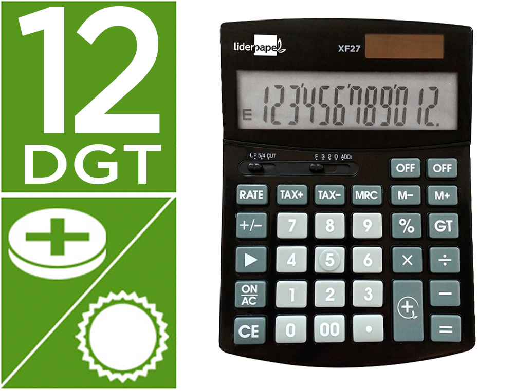 CALCULADORA LIDERPAPEL DE SECRETARIA XF27 12 DIGITOS TAXAS SOLAR E PILHAS COR PRETO 155X115X25 MM