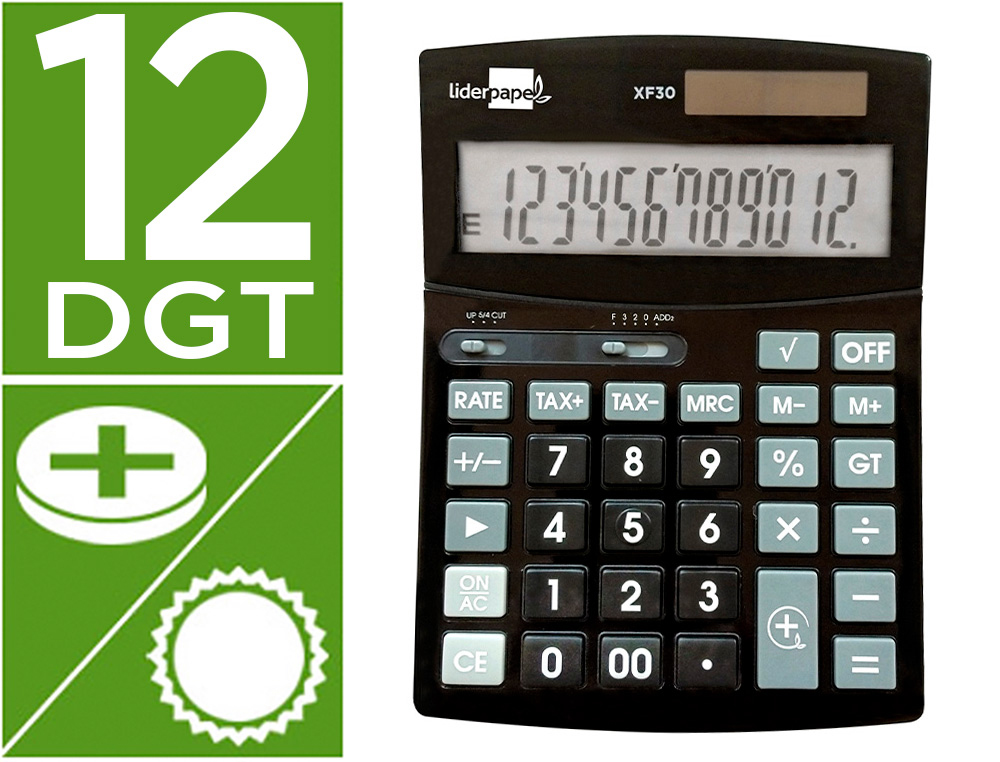 CALCULADORA LIDERPAPEL DE SECRETARIA XF30 12 DIGITOS TAXAS SOLAR E PILHAS COR PRETO 190X140X25 MM