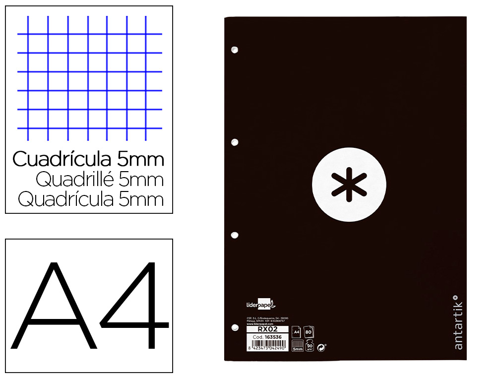RECARGA COLADA ANTARTIK QUADRICULA DE 5MM DIN A4 100 F 90 GR 4 FUROS 1 BANDA MOLDURA COR PRETO