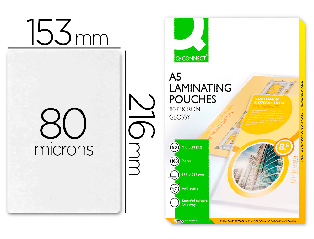 BOLSA DE PLASTIFICAR Q-CONNECT 153 X 216 MM 80 MICRONS DIN A5 CAIXA DE 100 UNIDADES