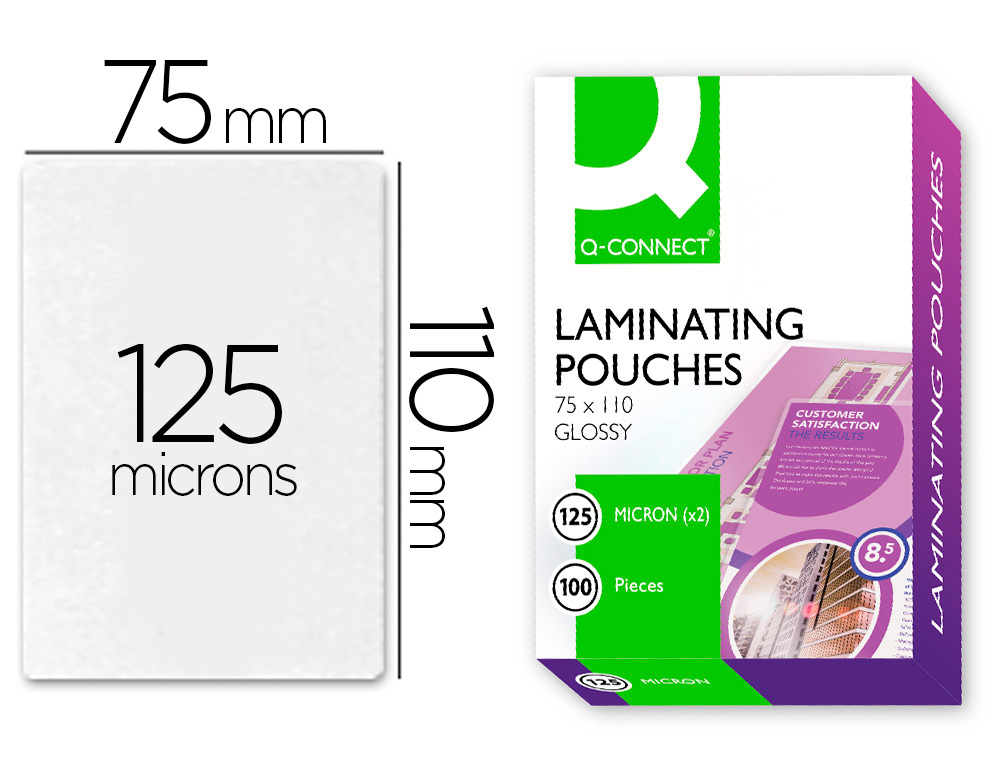 BOLSA DE PLASTIFICAR Q-CONNECT 110 X 75 MM 125 MICRONS CAIXA DE 100 UNIDADES