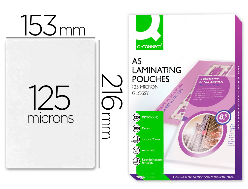 BOLSA DE PLASTIFICAR Q-CONNECT 153 X 216 MM 125 MICRONS DIN A5 CAIXA DE 100 UNIDADES