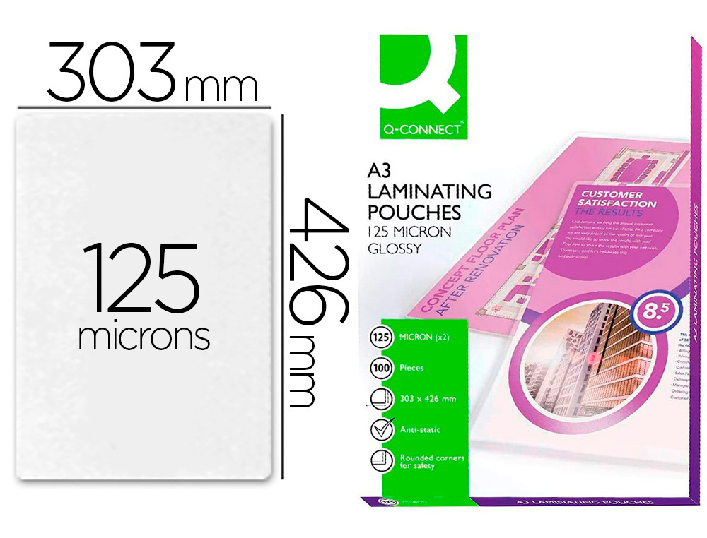 BOLSA DE PLASTIFICAR Q-CONNECT 303 X 426 MM 125 MICRONS DIN A3 CAIXA DE 100 UNIDADES