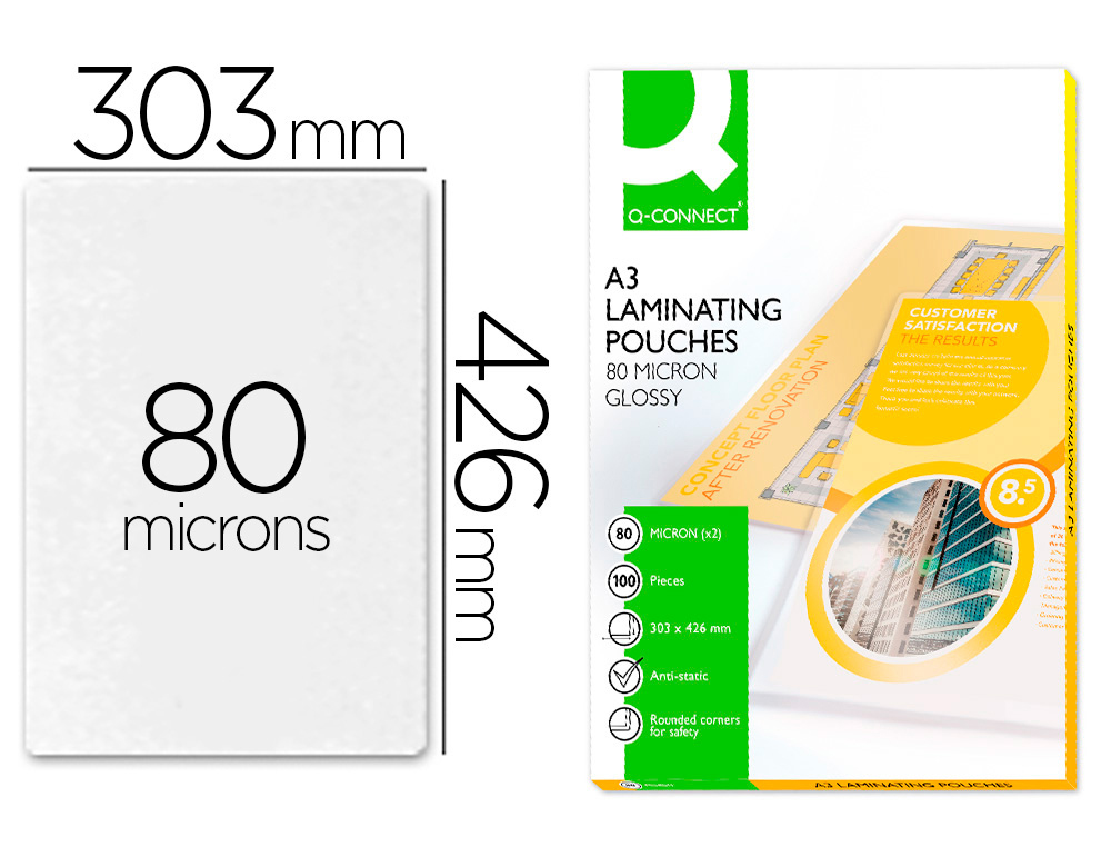 BOLSA DE PLASTIFICAR Q-CONNECT 303 X 426 MM 80 MICRONS DIN A3 CAIXA DE 100 UNIDADES