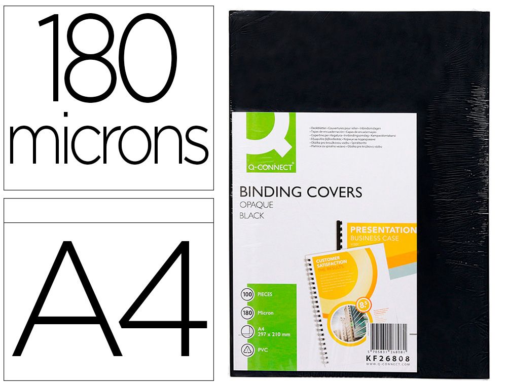 CAPA DE ENCADERNACAO Q-CONNECT PVC DIN A4 OPACA PRETA 180 MICRONS PACK DE 100 UNIDADES